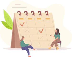 Two business women planning daily, week schedule. Girls sitting near huge calendar making notes, planning event, deadline and agenda. Time management, event appointment flat vector