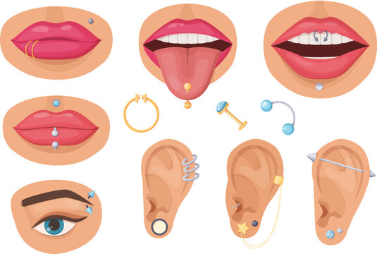 Parts of female face with metallic ring, earring, barbell