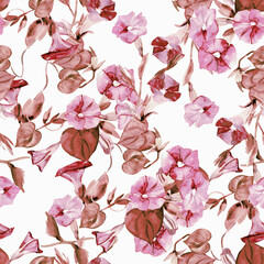 Pattern of watercolor curly flowers..loach flowers..Image on white and colored background.Image on white and colored background.