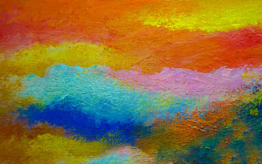 Colored bright abstract oil strokes on canvas, modern art background. Yellow, red, orange, blue watercolor high resolution texture. 