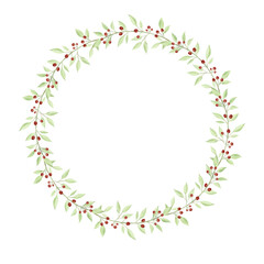 Christmas isolated wreath with fir, mistletoe, rosemary on white background. Watercolor hand drawn illustration.