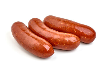 Smoked german sausages, isolated on white background.