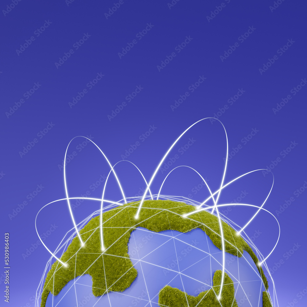 Poster 3d render of green planet earth with wireless communication network.