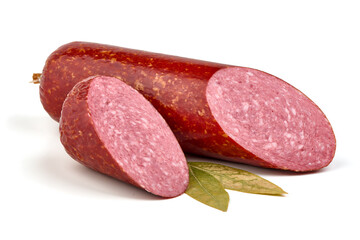 Smoked salami sausage, isolated on white background.