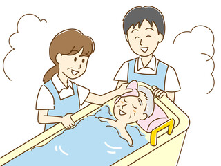 介護　高齢者の入浴介助をするイラスト