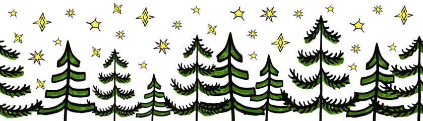 Obraz premium Christmas trees vector border. Seamless pattern hand drawn doodle trees green red. Decorative Winter holiday sketch design for ribbons, card decoration, scrapbooking, banners