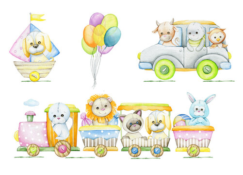 Cute animals, train, car, boat, balloons. Watercolor set of cliparts, in cartoon style, but isolated background.