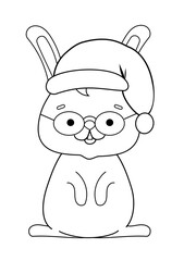 coloring book with a cute rabbit in glasses and a Christmas hat