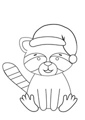 coloring book with a cute raccon in a christmas hat
