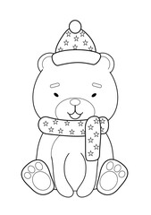 coloring book with a cute polar bear in a hat and scarf with stars