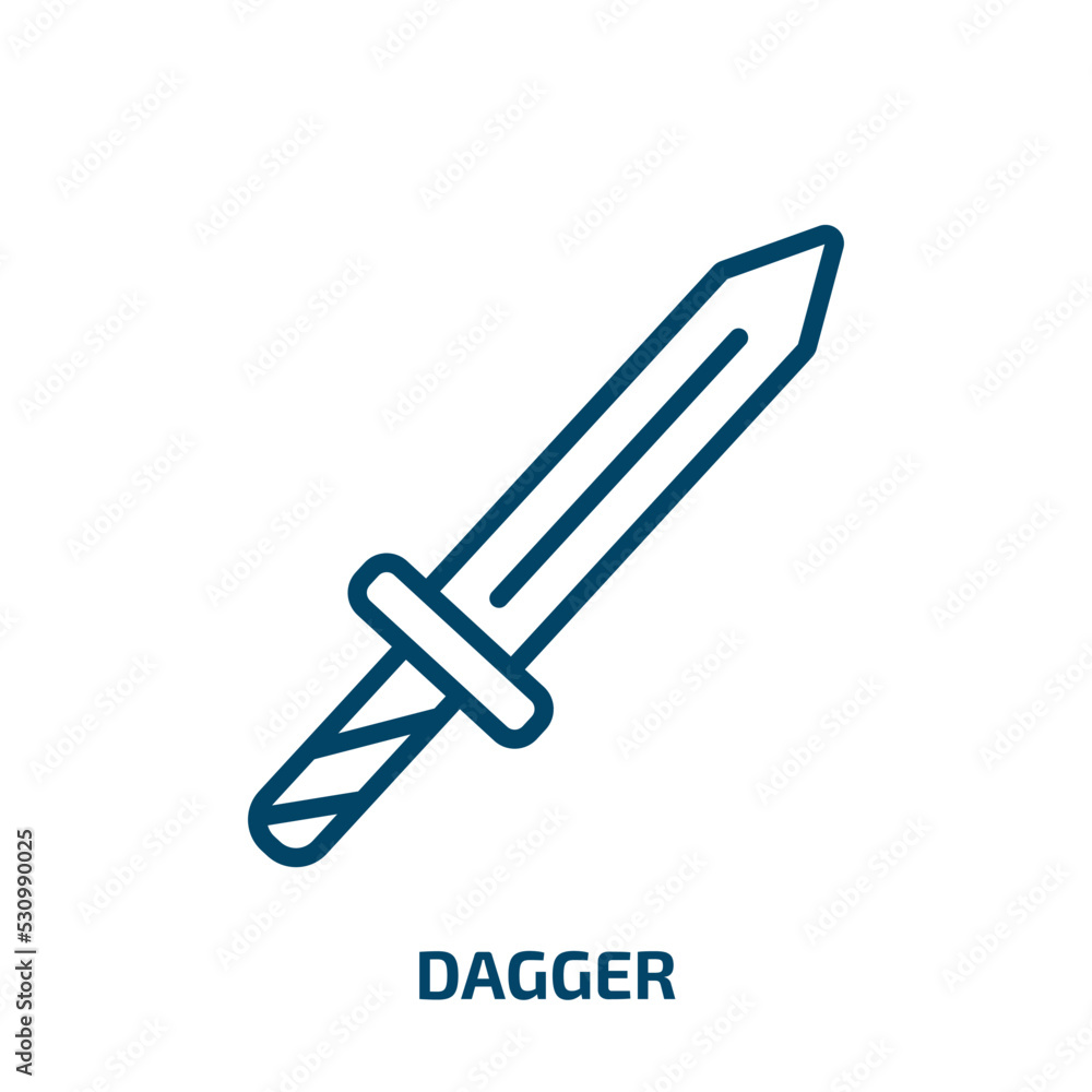 Poster dagger icon from army collection. thin linear dagger, sword, blade outline icon isolated on white ba