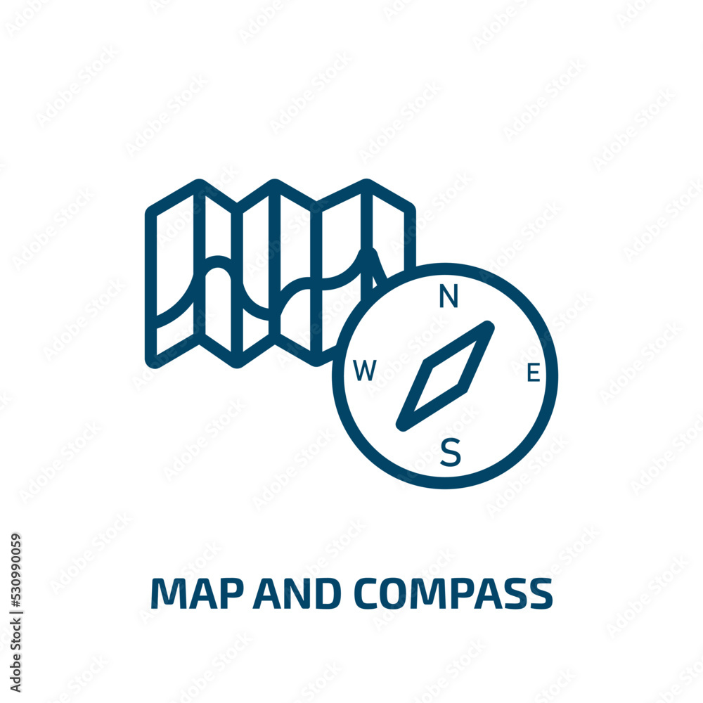 Poster map and compass icon from army collection. thin linear map and compass, arrow, navigation outline ic