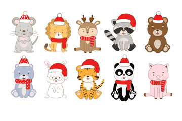 A set of cute cartoon animals in Christmas hats and scarves