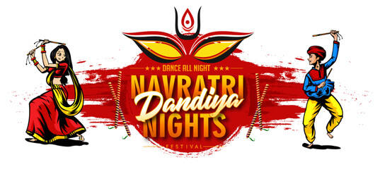Vector design of Indian couple playing Garba in Dandiya Night Navratri Dussehra festival of India