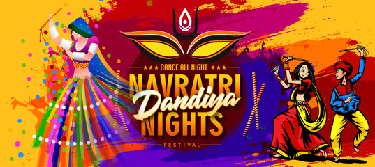 Vector design of Indian couple playing Garba in Dandiya Night Navratri Dussehra festival of India