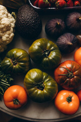 organic farm tomatoes on the table with cauliflower and figs top view. multi-colored whole raw tomatoes close-up.