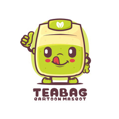 green tea bag cartoon mascot. natural drink vector illustration