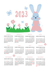 Calendar 2023 for kids with a cute rabbit girl in a dress. The rabbit is a symbol of 2023 according to the eastern horoscope.