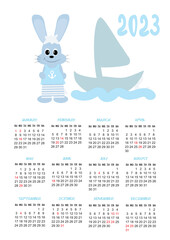 Calendar 2023 for kids with cute sailor rabbit. The rabbit is a symbol of 2023 according to the eastern horoscope. Vector illustration. Vertical template 12 months in English. Week from Sunday.