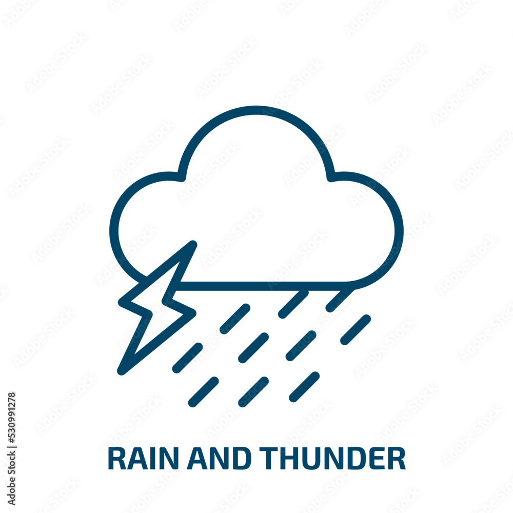 Poster rain and thunder icon from meteorology collection. thin linear rain and thunder, thunder, cloud outl