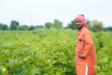 young indian farmer at cotton agriculture field.
