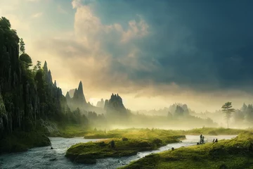 Fluß mit Wiesen und Bergen im Nebel © Sebastiart