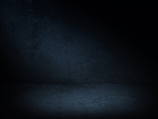 Dark blue concrete background with lighting. Urban concrete room in the dark texture. Photography...