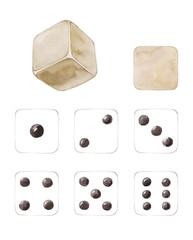 Dice set watercolor icon. Game dice. Six faces of cube isolated on white background. Illustration for game design.