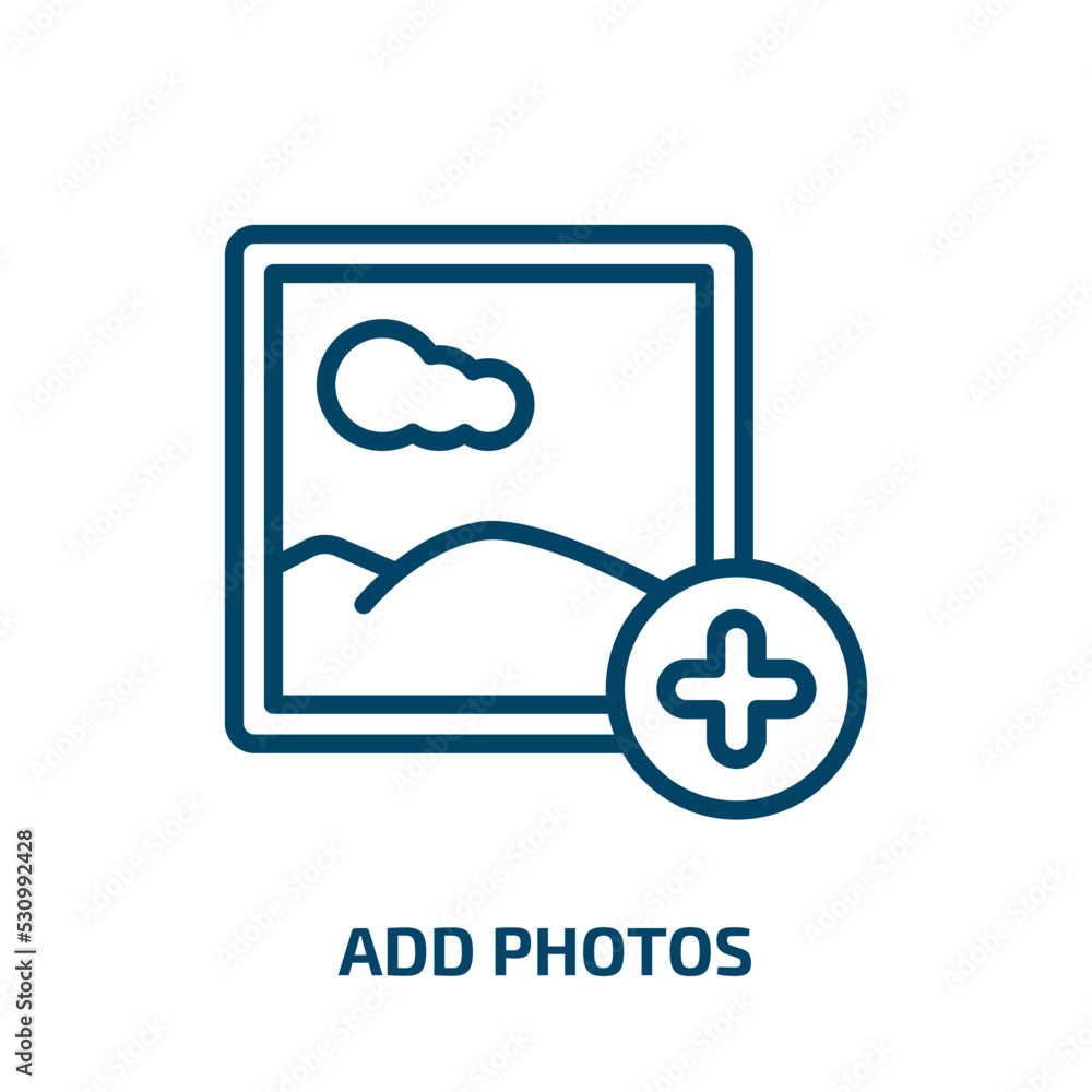 Poster add photos icon from general collection. thin linear add photos, photo, internet outline icon isolat