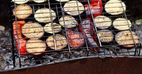 Tasty vegetables cooking on barbecue grill, outdoors. Roasted vegetables, closeup