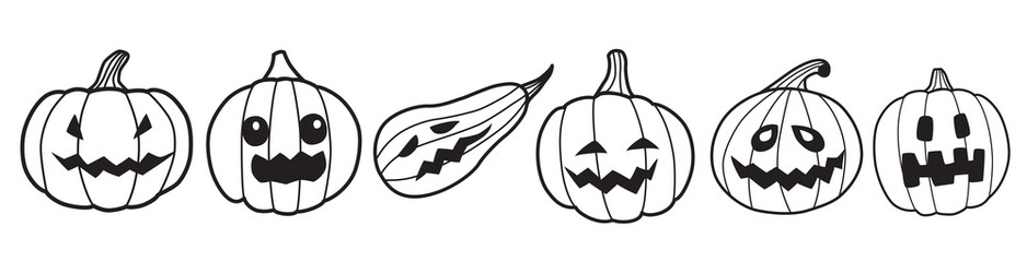 Set of various Halloween pumpkins. Pumpkin characters with different faces and emotions. Sketchy doodle drawing with black lines. Ghost, lantern, mystical creature. Cute, scary, scared. Vector 