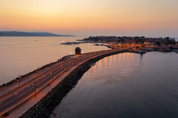 Obraz premium Aerial view to old town of Nessebar at sunrise