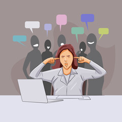 Office woman stressed depressed with loud noise people talking