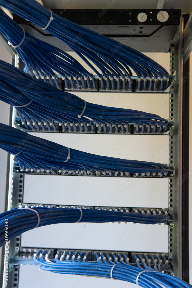 Poster a large group of utp cables, rack ethernet cables, patch panel utp cables in a server rack in a data
