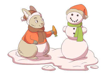 The rabbit is making a snowman. Rabbit illustration. Winter mood.