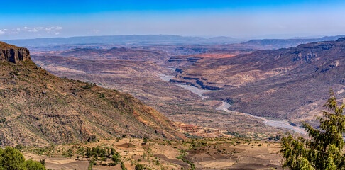 Fototapeta Beautiful wide canyon landscape with dry river bed, Somali Region. Ethiopia wilderness landscape, Africa. obraz