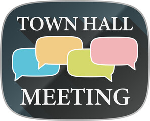 TOWN HALL MEETING label or symbol with colorful speech bubbles symbolizing communication and dialog, vector illustration - obrazy, fototapety, plakaty