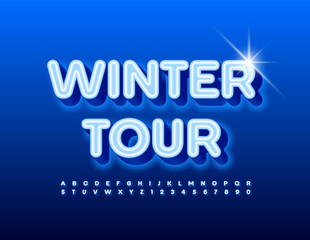 Vector electric banner Winter Tour with Blue glowing Font. Bright light Alphabet Letters and Numbers set