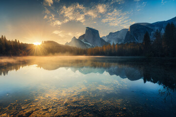 Fototapeta Großer See mit Bergen im Hintergrund im Yosemite Nationalpark, generative ai technology obraz