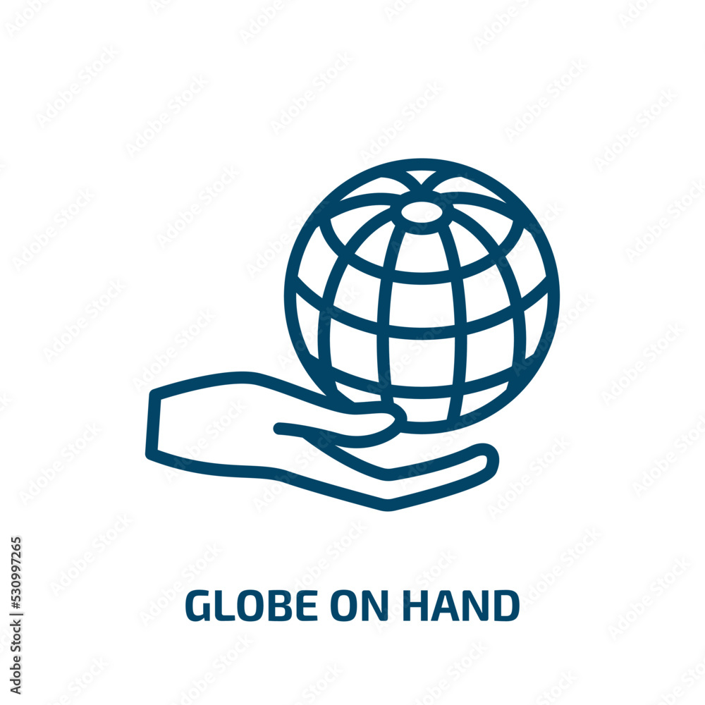 Aufkleber globe on hand icon from ecology collection. thin linear globe on hand, globe, hand outline icon isol
