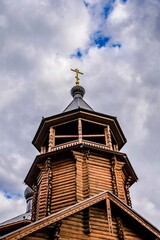 The bell tower of the wooden church of St. John of Kronstadt. Saranskaya st., 1, Moscow.