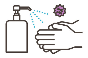 Vector illustration icon of sanitizing alcohol being sprayed on hands to prevent viral infection