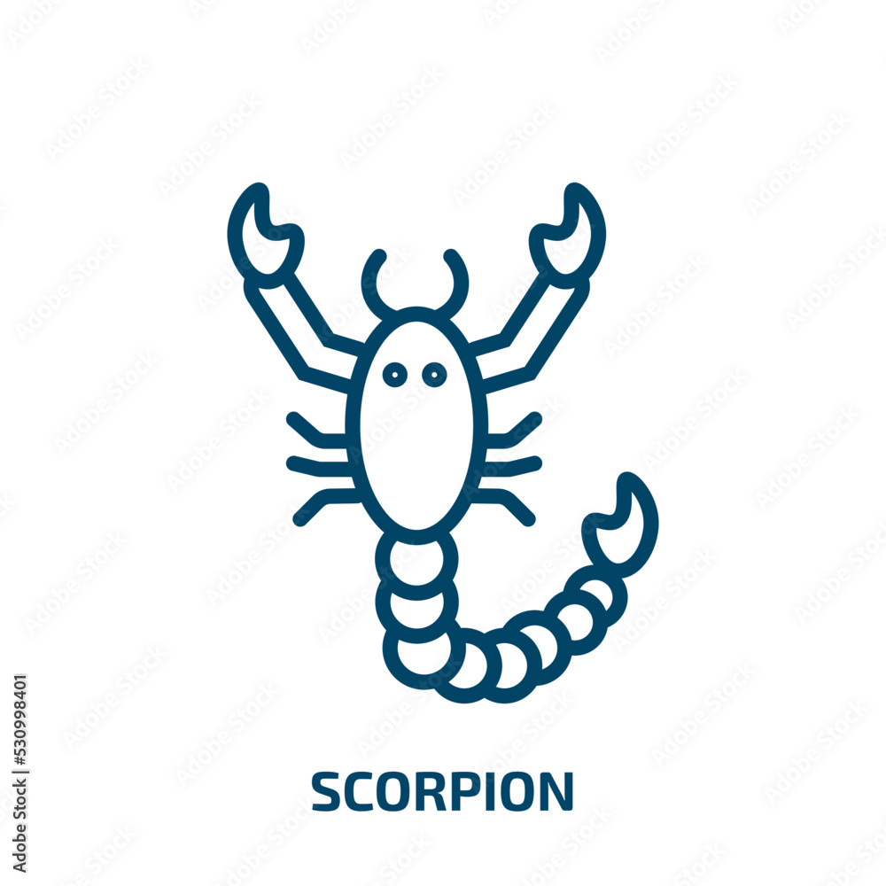 Poster scorpion icon from desert collection. thin linear scorpion, star, zodiac outline icon isolated on wh