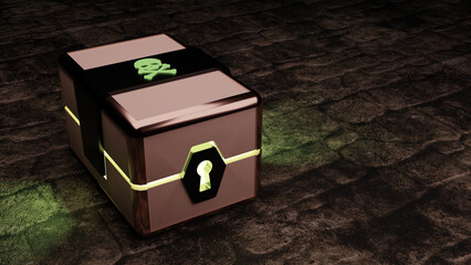 Mystery box with skull crossbones sign. 3D rendering illustration. 