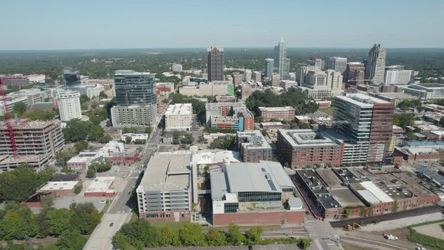 Drone shot of Downtown Raleigh North Carolina on a sunny day in the summer