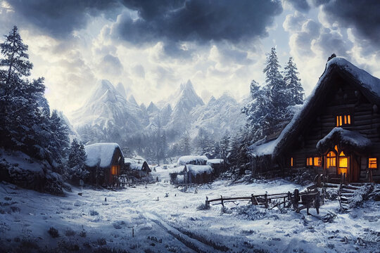 Wundersch&ouml;ne Winterlandschaft mit Schnee, Bergen und beleuchteten H&auml;usern, generative ai technology