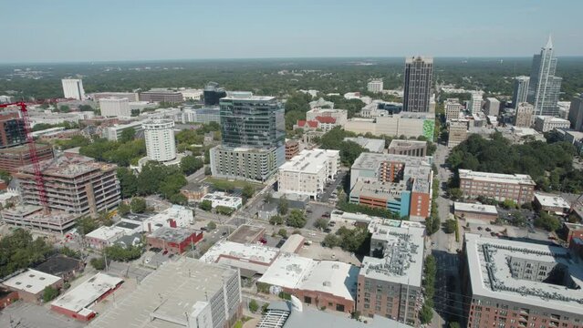 Drone shot of Downtown Raleigh North Carolina on a sunny day in the summer, rotating aerial shot