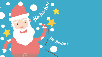 Fototapeta premium Cheerful Santa Claus singing into a microphone on a blue background. Vector illustration.