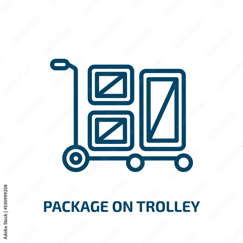 Poster package on trolley icon from delivery and logistic collection. thin linear package on trolley, packa