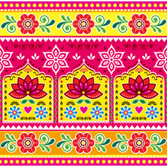 Indian and Pakistani truck art inspired vector seamless pattern with lotus flowers, retro floral Diwali colorful folk art pattern
- 530999264